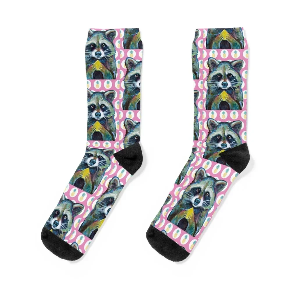 

Cute RACCOON with Pineapple Pink Background Socks christmass gift cute Stockings Soccer Socks Man Women's