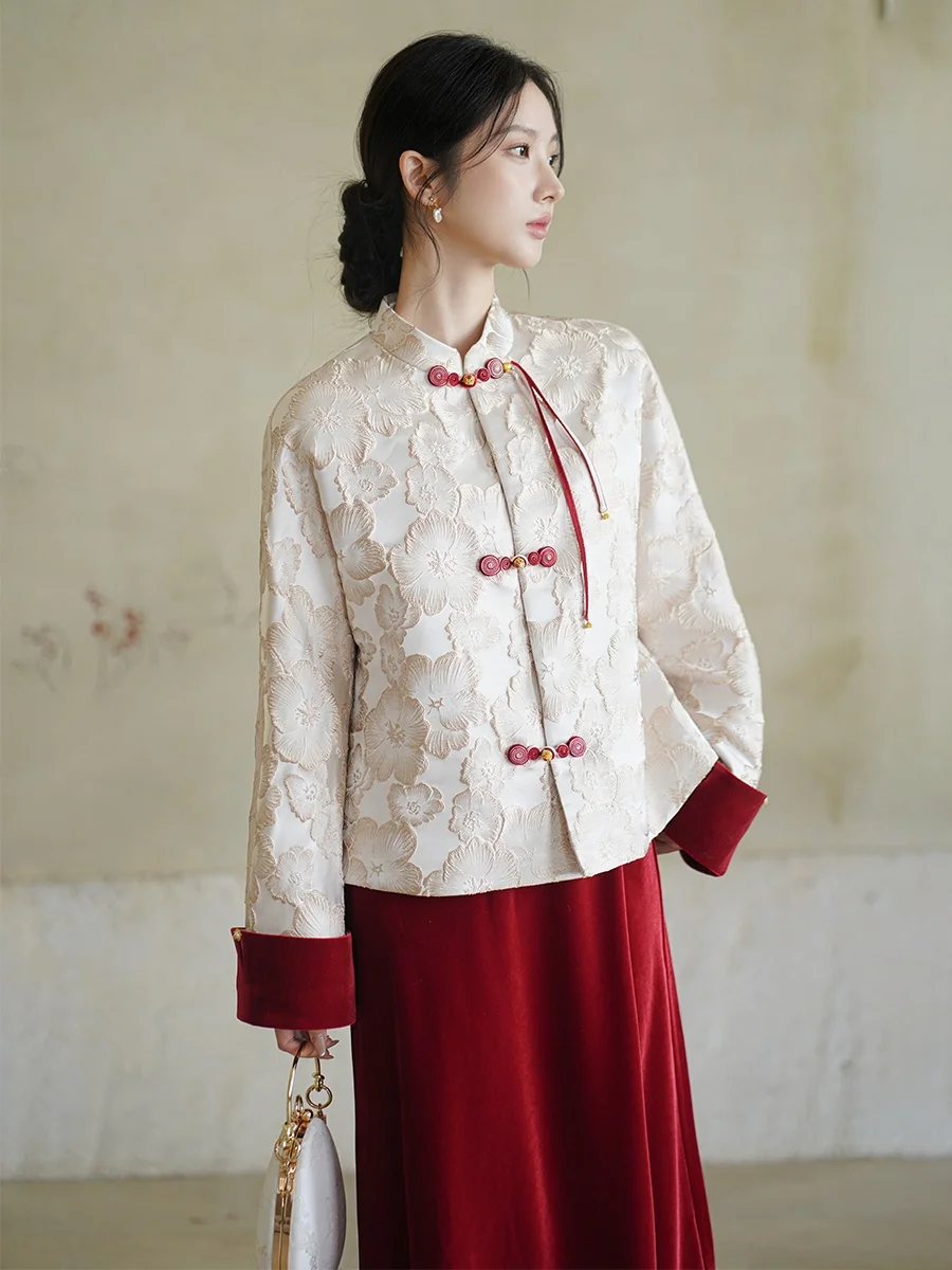 

Ele Chinese Sle Emed Floral Jaet for Women Wedding Celebration Top Buttoned ort Sve Long Sve Polyester Fiber