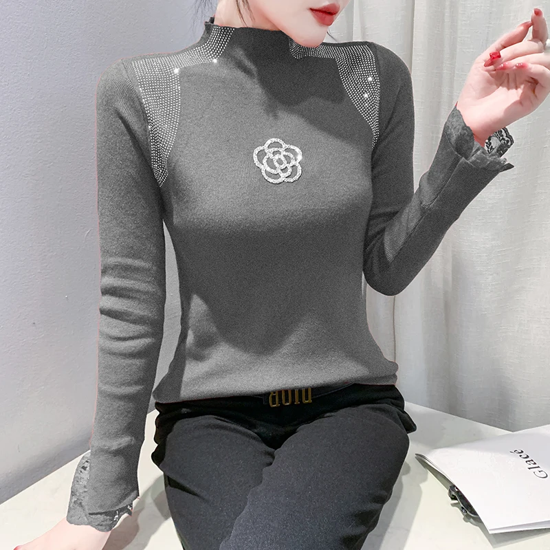 Korean Version Elegant Female Autumn Winter Woman Pullover Sweet T-shirt Turtleneck Flowers Diamond Set Lace Splicing