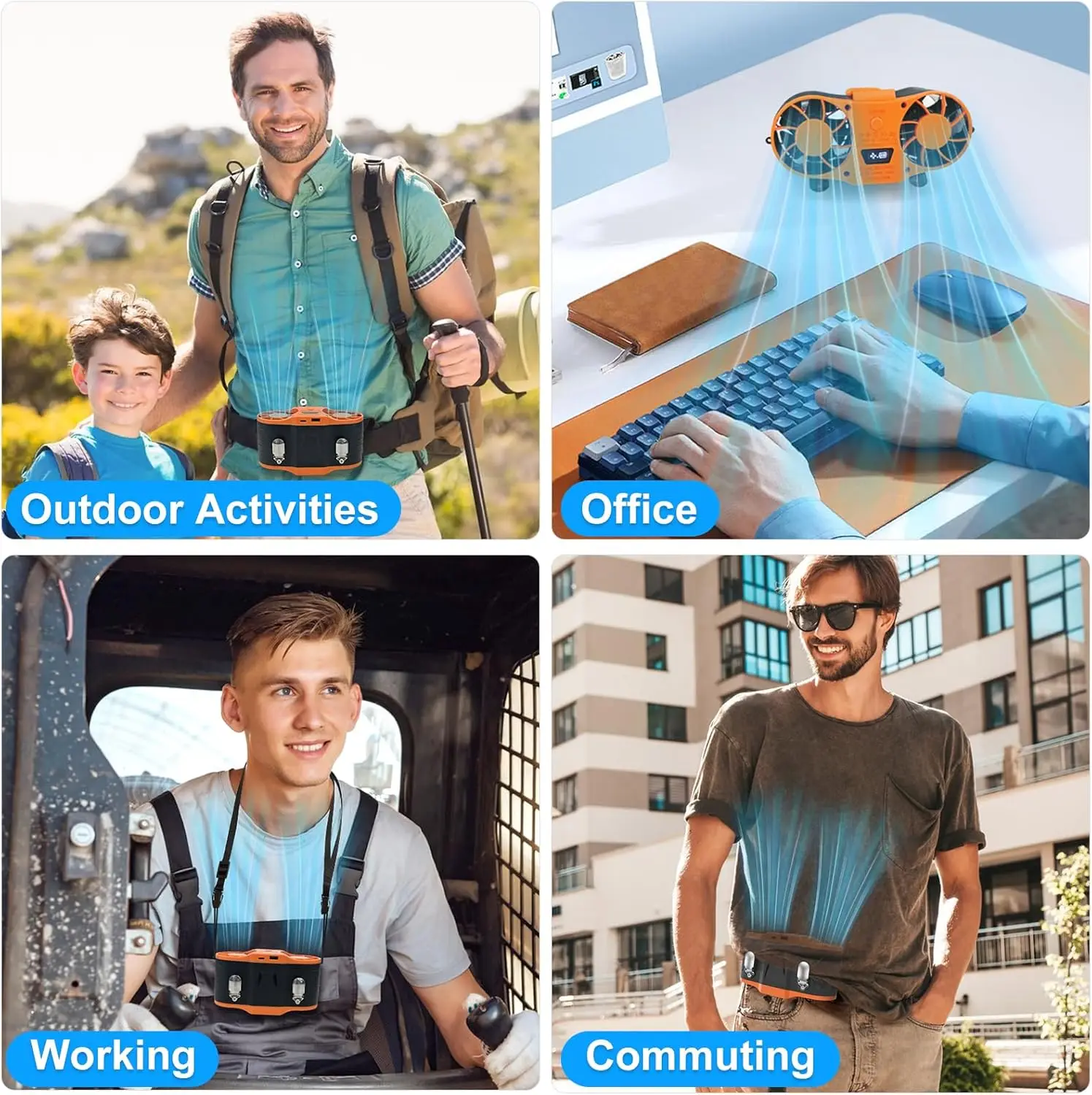 مروحة الخصر المحمولة القابلة لإعادة الشحن، مشبك مروحة الخصر على حزام القميص والتعليق بدون استخدام اليدين للعمل في الطقس الحار في الهواء الطلق