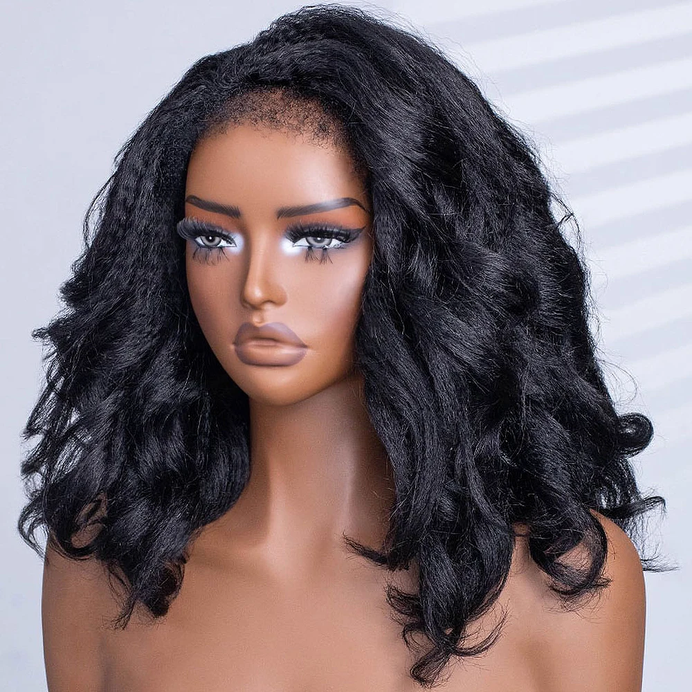 

Wear And Go 400 Density Kinky Straight 13x6 HD Transparent Lace Frontal Wig Human Hair Bouncy Curly 16 Inch Baby Hair For Women