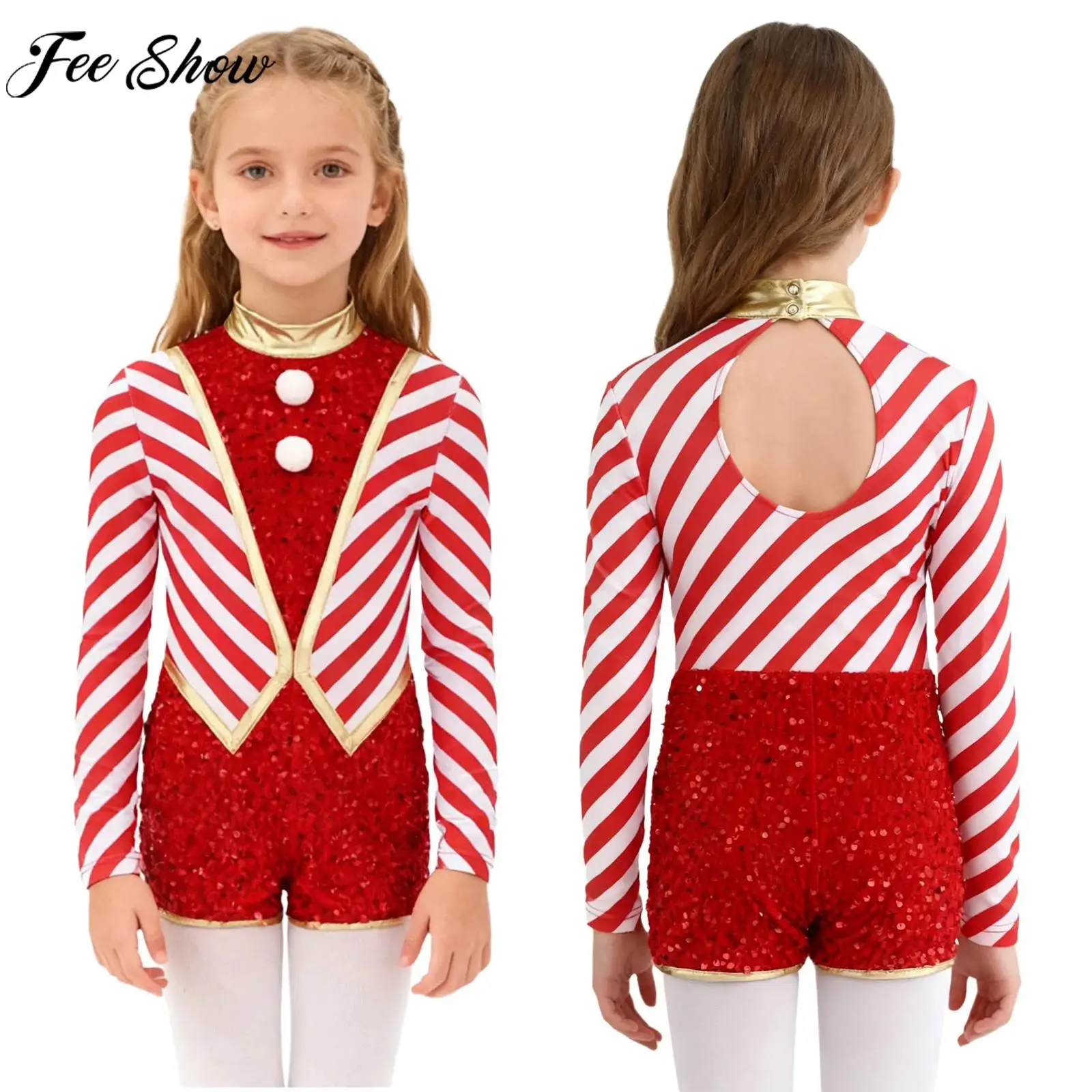 Kids Girls Long Sleeve Sequin Striped Christmas Candy Cane Bodysuit Ballet Gymnastics Skating Leotard Xmas Santa Elf Costume