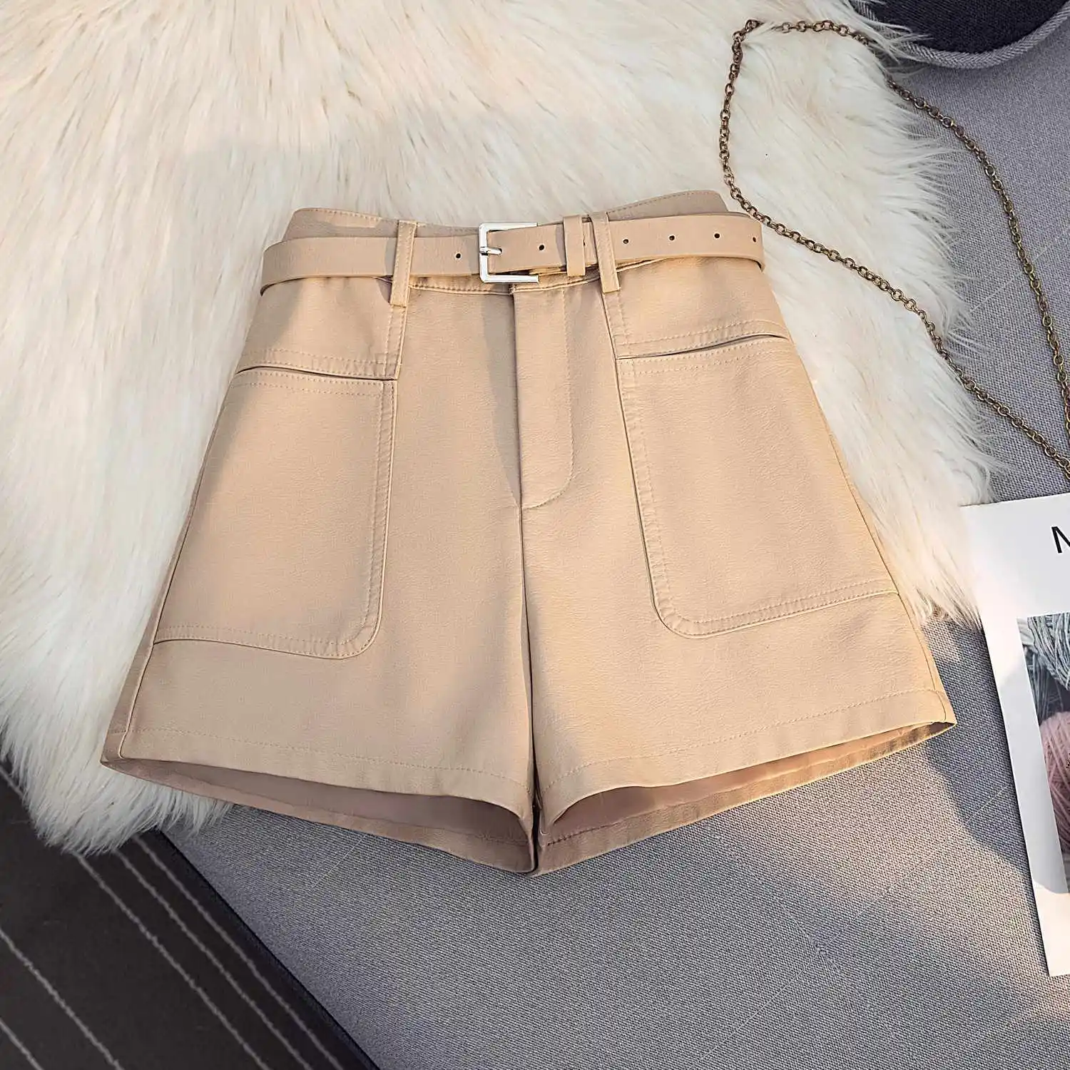 Women’s New 2025 Autumn Winter Outer Wear High Waist Boot Pants Small Loose Pu Leather Pocket Shorts Wide-Leg Pants C75