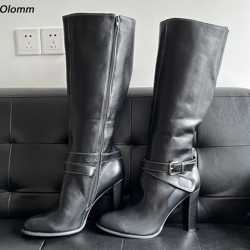 Olomm-Botas de joelho unissex com zíper completo para mulheres, salto em bloco, dedo do pé redondo, preto, sapatos casuais, além dos EUA 5-20, novo, inverno