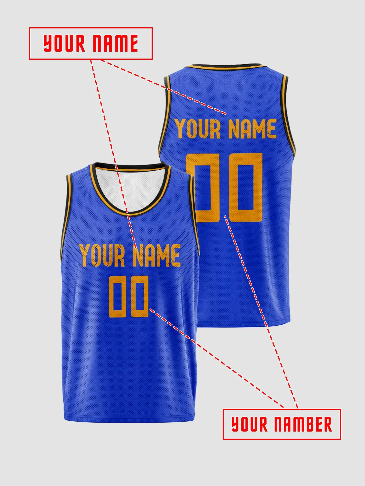 Royal‑Blue Gold Trim Custom Basketball Jersey Set, Adults Kids Name Number Print Quick‑Dry Uniform view 2