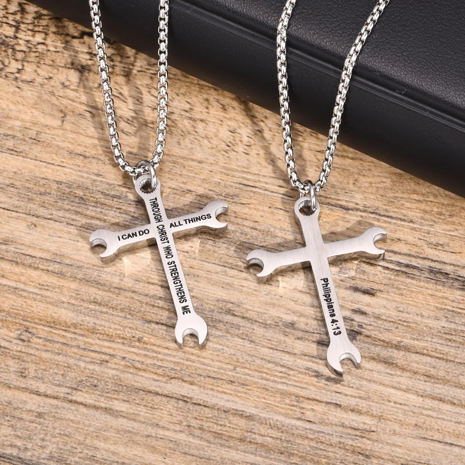 Mprainbow Mens Wrench Cross Pendant Necklaces,Religious Faith Bible I Can do All Things,Staninless Steel Jewelry