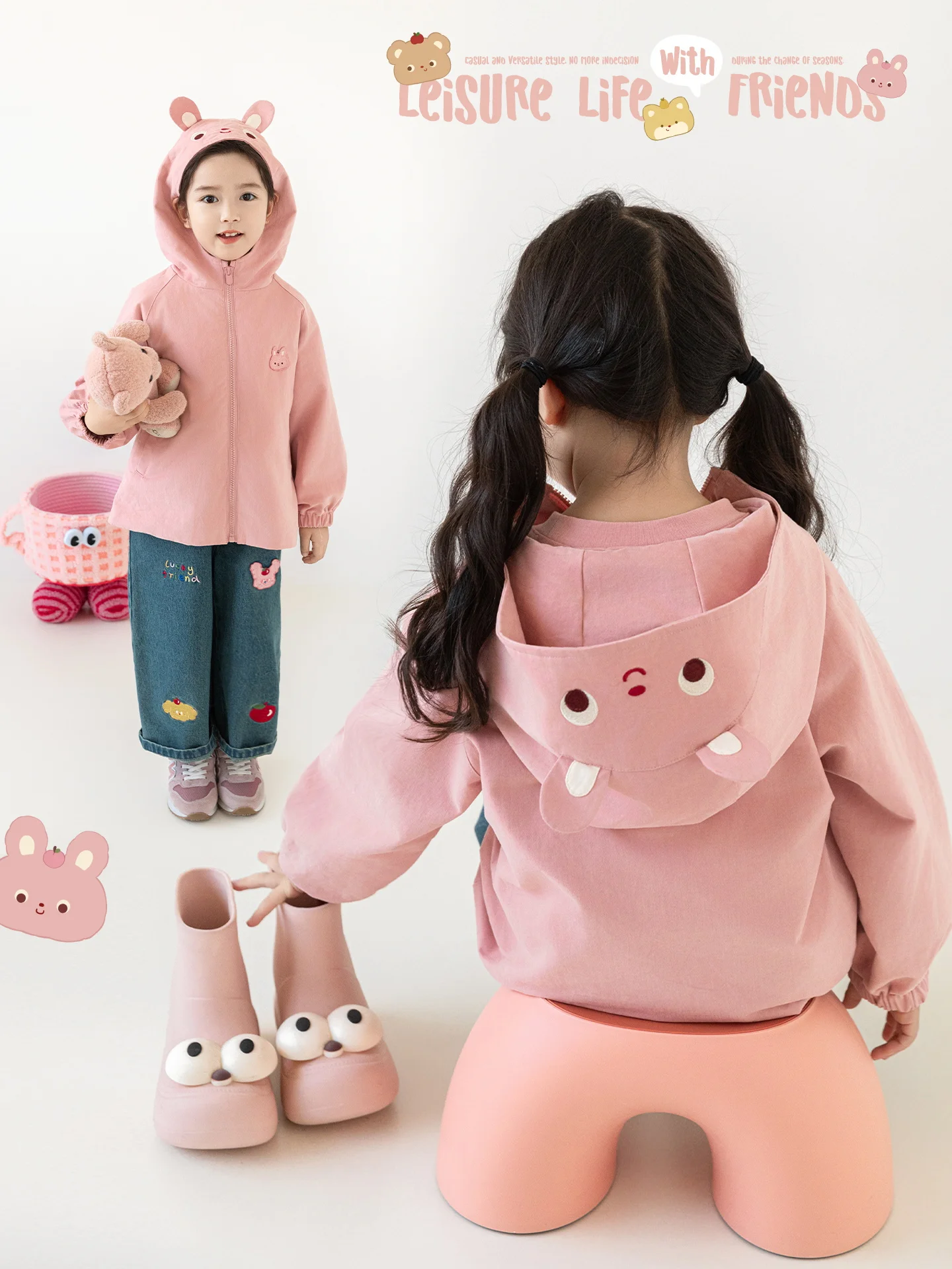 

Girls Cartoon Embroidery Windbreaker 2025 Autumn Playful Cute Windproof Warm Raglan Sleeve Hooded Coat for 1-7 Years