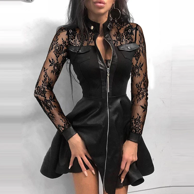 Sexy Dress Zip Long Sleeves Stand Mini Dress Casual Autumn Winter Fashion Pocket Pu Leather Lace Stitching Elegant Slim Dresses