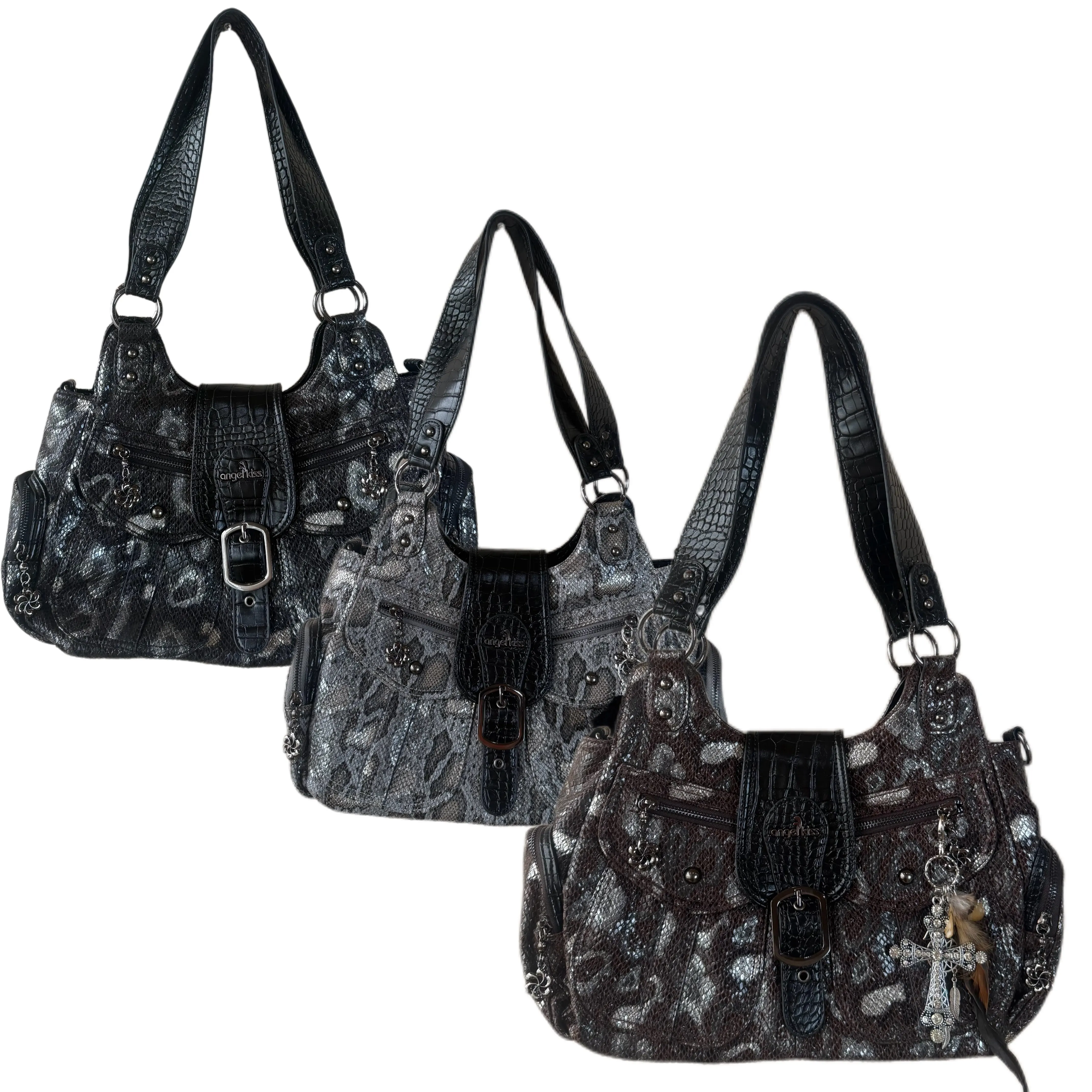 Y2k Subculture Punk Wind Snake Pattern Locomotive Bag Millennial Hottie Black Rivet Pocket Shoulder Crossbody Armpit Bags Woman