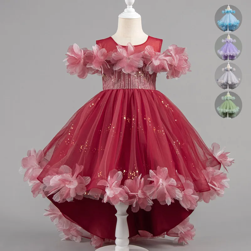 Yourqipao Summer Girls Evening Dress Flowers Mesh Spliced ​​long Sleeve Fluffy Princess Skirt Dance Performance for Children