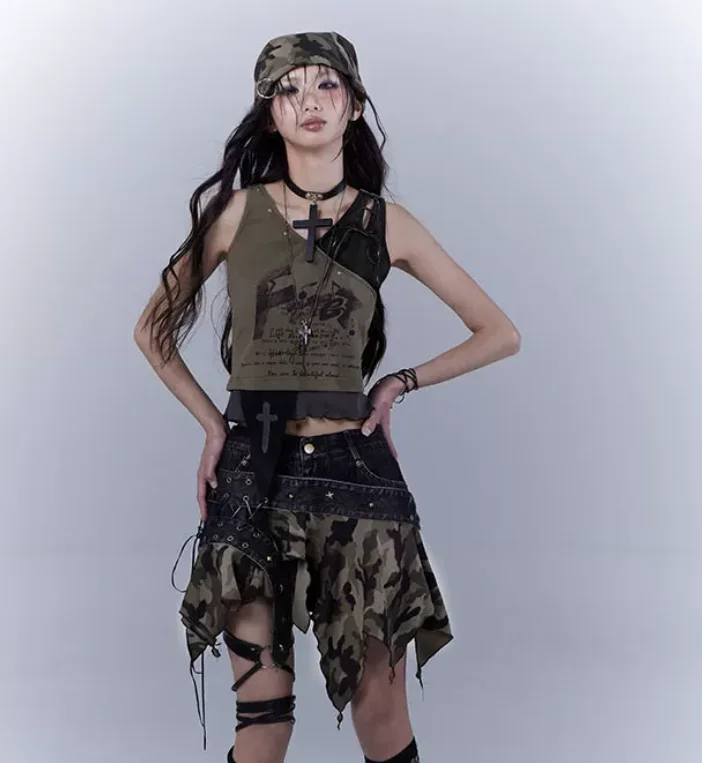 Summer New Sexy Girl Print Short Green Personalized Vest Tops Fashion Versatile Do Old Lace-up Irregular Low-rise Denim Culottes