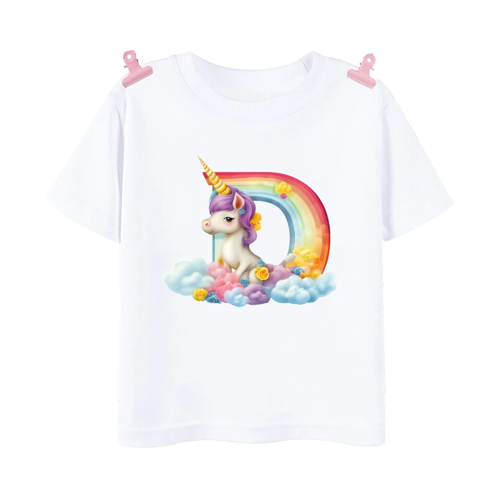 Unicorn Rainbow Initial A-Z Printed Kids Shirt Child Summer T-shirt Boys Girls Short Sleeve Tops Clothes Cute Toddles Outfit Tee