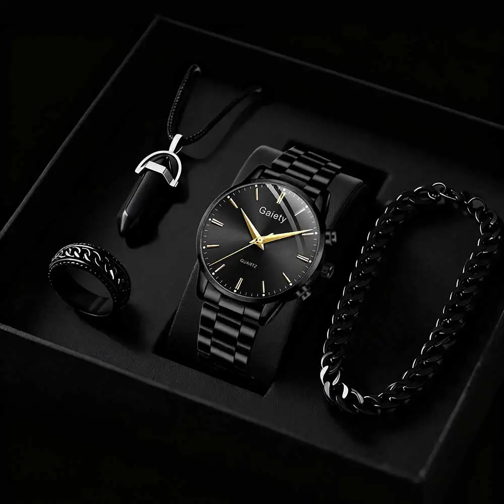 4PC Black Men's Minimalist Watch Set Business Trendy Lines Scale Round Dial Quartz Watch Bracelet Necklace Ring Set Perfect Gift