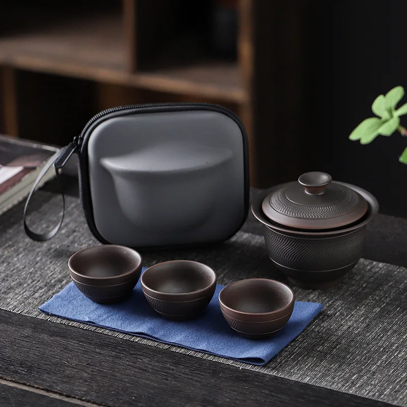 Vintage Purple Pottery Tea Set Outdoor Travel Tea Set Portable Kungfu Tea Set Gaiwan Tea Tureen Tea ceremony Jianshui