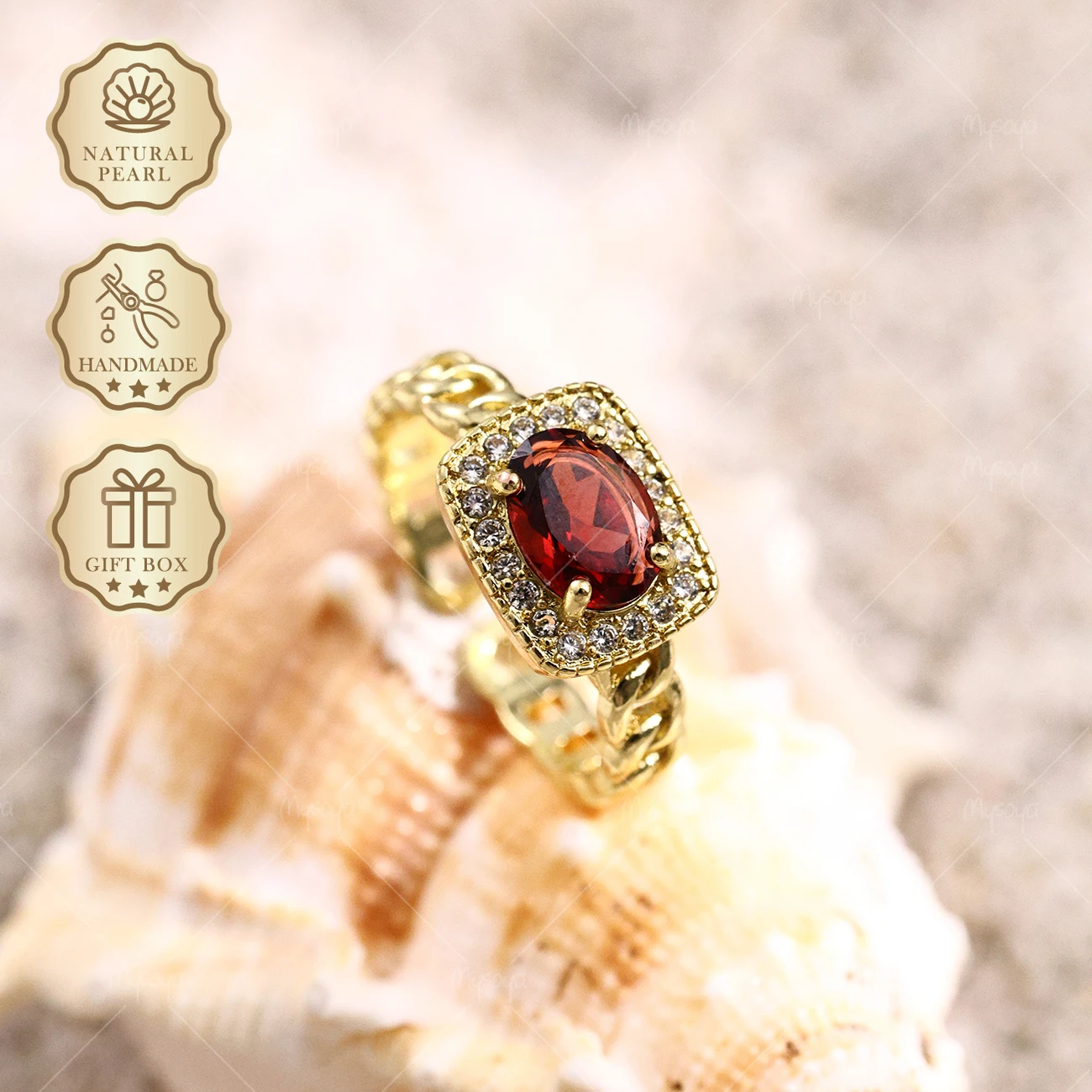 

Кольцо Mysoya Golden Hollow Chain Ring с натуральным гранатом 6x8 мм, 1,48 карата, подарочная коробка, подарок на День святого Валентина или день рождения для нее