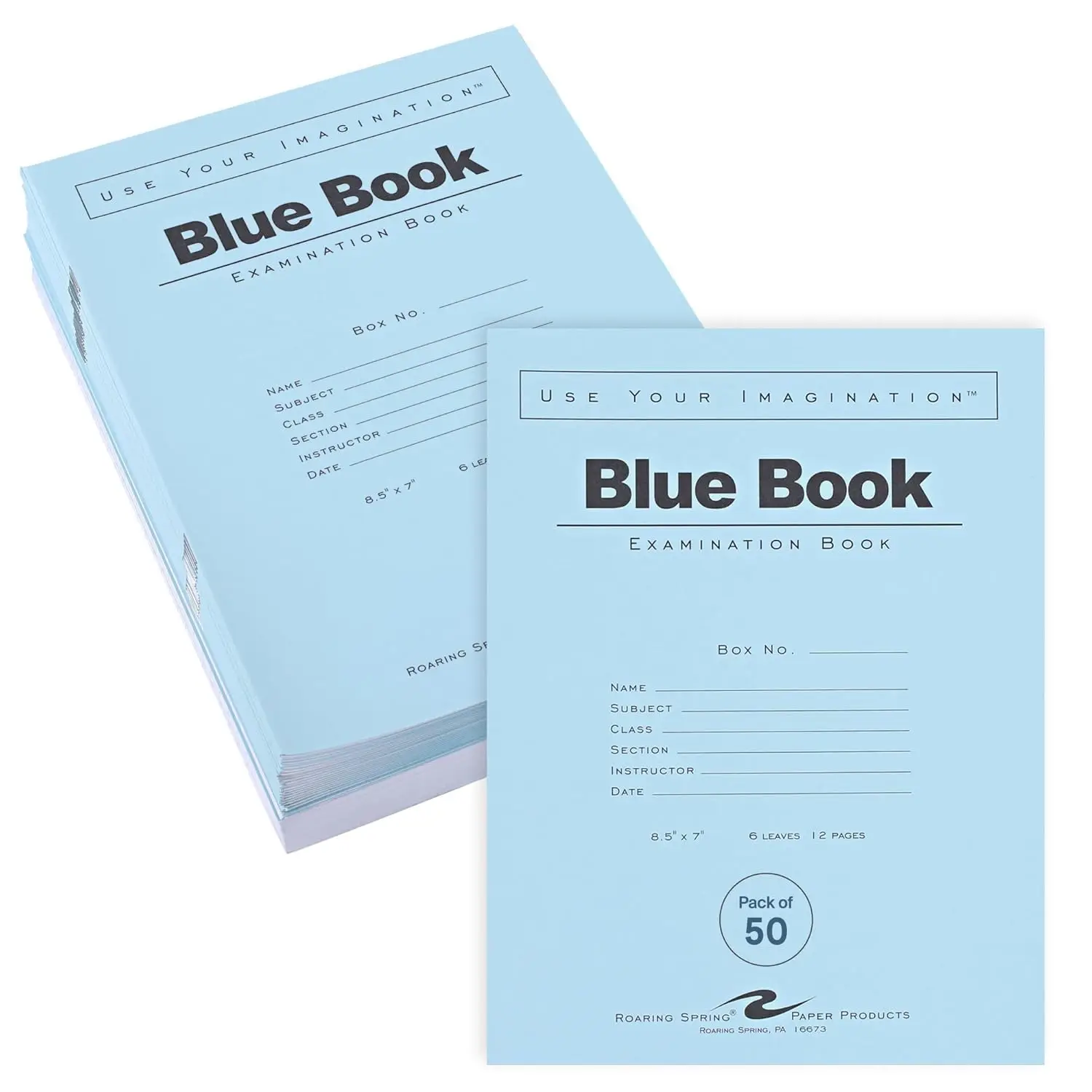

50 Pack Blue Exam Booklets, 8.5x7, 6 Sheets/12 Pages, Wide Ruled with Margin, Made in USA