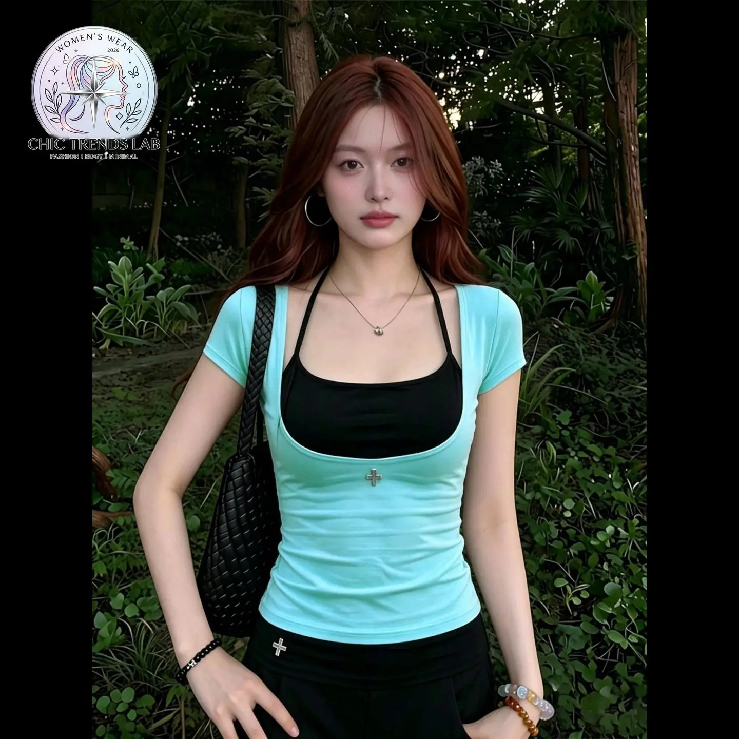 Womens Korean Style Contrast 2 in1 Halter Short Sleeve T Shirt Slim Fit Cross Charm Cyber Y2K Aesthetic Summer Clothes Aesthetic