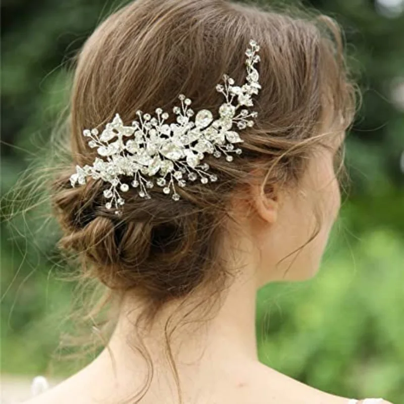 Wedding Hairpin Bridal Hair Comb Rhinestone Accessories Bridal Flower Girl Bridal Hair (Silver)