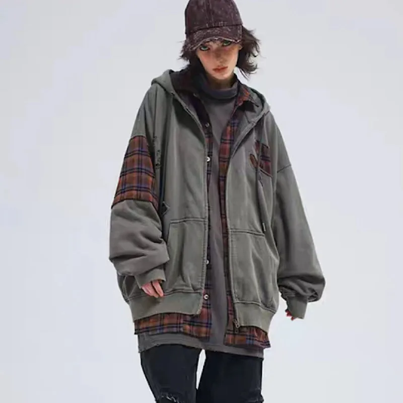 

This Two-piece Cardigan Hoodie with European American Wasteland Style Featuring Holes Patchwork Casual Trendy Versatile Women
