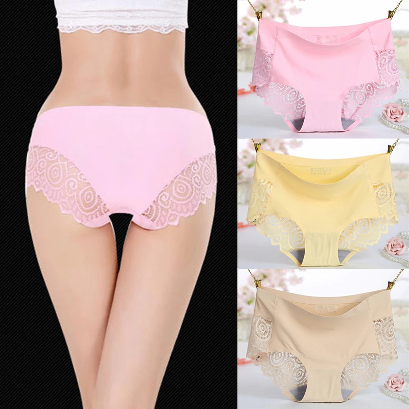 Ice Silk Women's Panties Sexy Underwear Floral Crochet Lace Seamless Panties Breathable Ladies Cotton Crotch Elastic Briefs