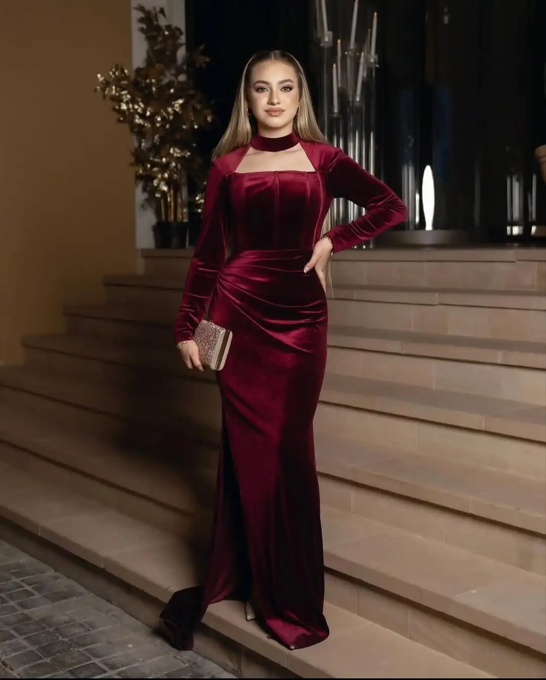 

Customized Mermaid Long Sleeves Evening Dresses High Neck Floor Length Prom Dresses Vestidos De Noches Party Gowns
