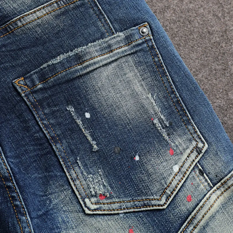 Street Fashion Men's Painted Jeans Retro Blue Elastic Slim Fit Panel Designer Bicycle Jeans Men's Pants Hip Hop Jeans Home