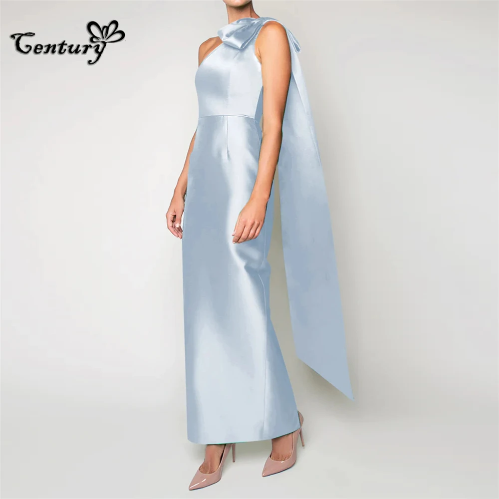 Sky Blue Saudi Arabic Prom Formal Dresses 2024 Big Bow Sheath One Shoulder Satin Dubai Evening Dresses Gowns Customized