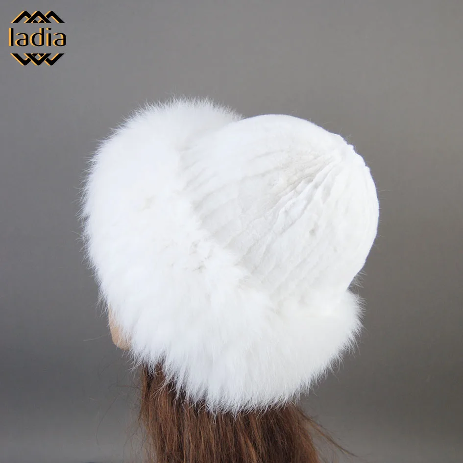 Winter Autumn Lady Women Real Genuine Fox And Rex Rabbit Fur Knitted Hats Luxury Warm Solid Cap Thick Beanie Russian Women's Hat