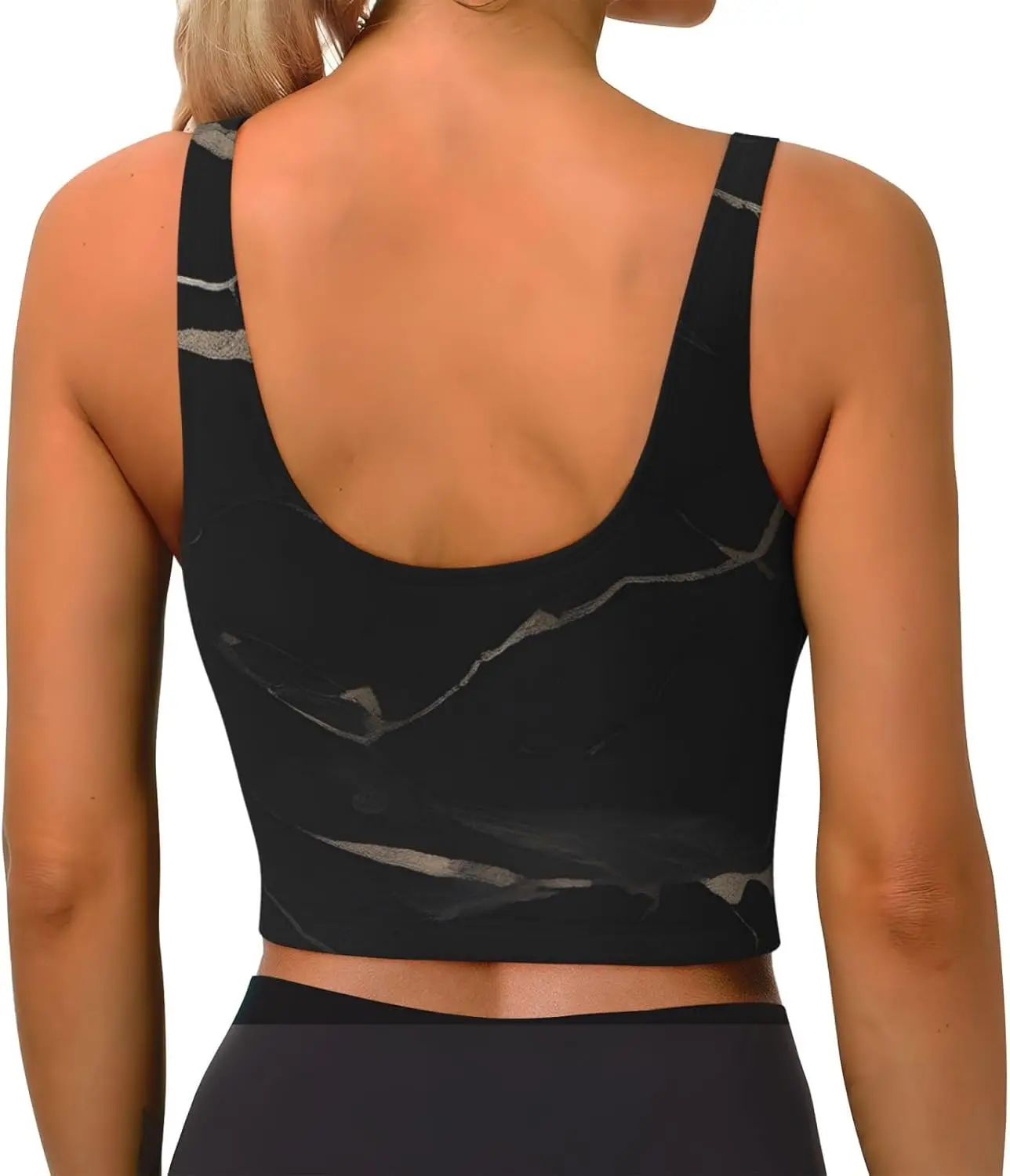 여성용 로우 칼라 스포츠 브라 신축성있는 스포츠 조끼 요가 탱크 탑 탑 셔츠 검정색 질감 대리석 패턴