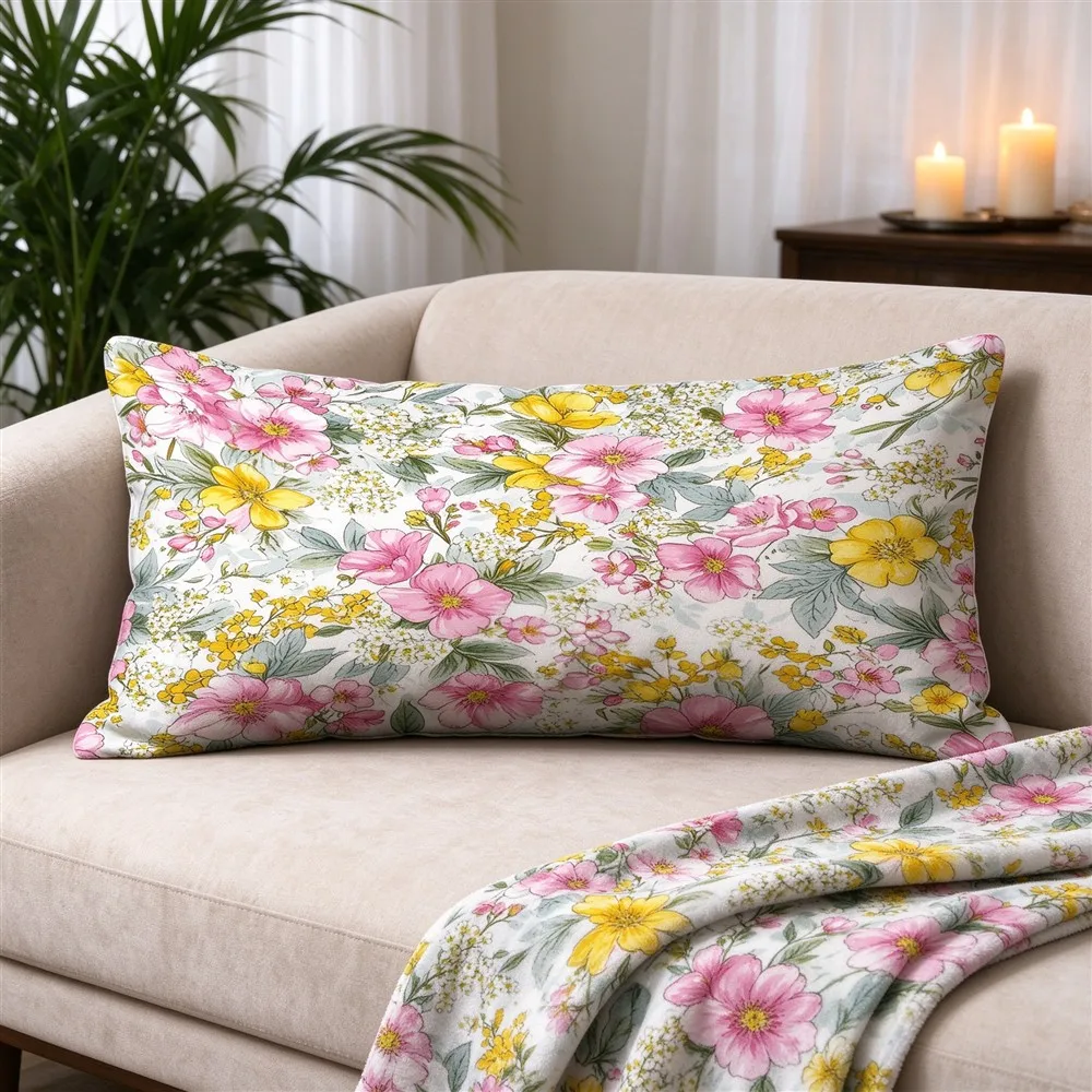 Pink Yellow Sunny Bloom Print Long Pillow Cover, Bright Style, Spa Decorative, Polyester, Anniversary Gift, Stylish, Home Accent