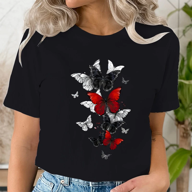 New Black Red Butterfly Women T-shirt Fashion Gothic Butterfly Print T Shirt Casual Creative Short Sleeve Hip Hop Female Tshirt