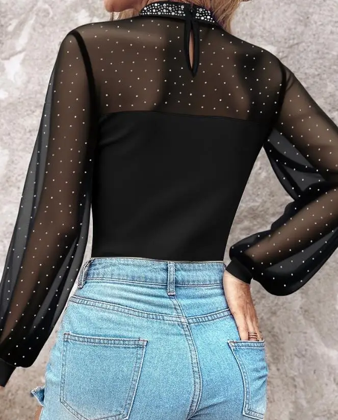

Women's Slim Fit Rhinestone Decor Mock Neck Top with Lantern Sleeves Sheer Mesh Spliced Hollow-Out Back for Special Occasions