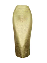New Women Sexy Gold Silver Bandage Skirts High Street Celebrity Knitted Designer Bodycon Midi Pencil Skirts 78cm