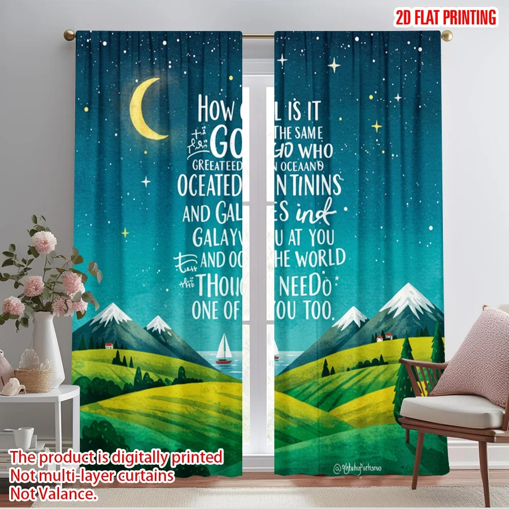 

2pcs 2D flat printing Window Curtains God's Creation Mountains Galaxies Polyester Without Electricity Holiday Decorations for