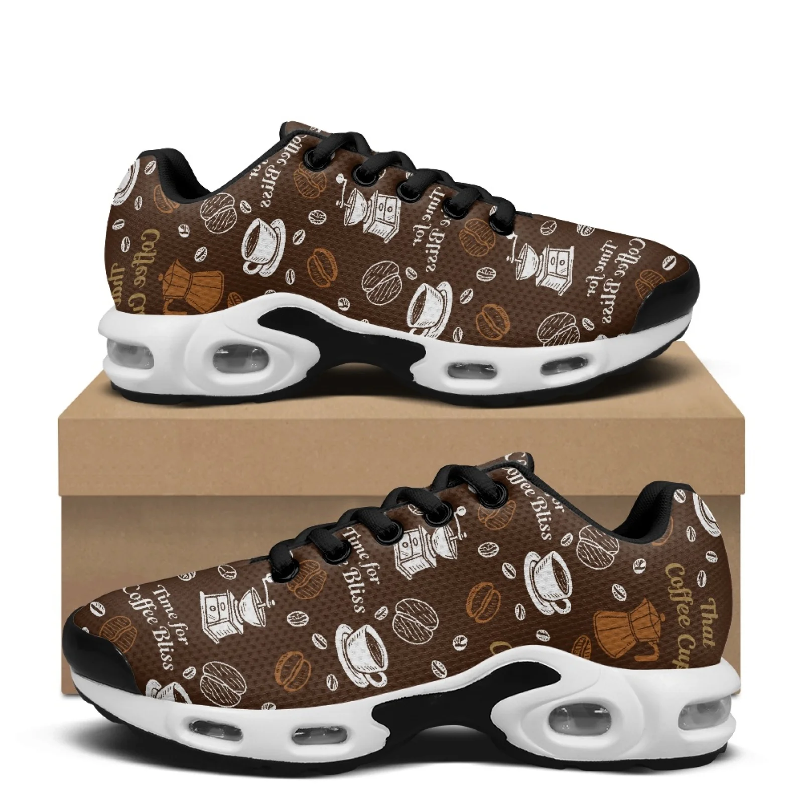 PENSTROLL Coffee Themed Lace-Up Fitness Shoes Mesh Jogger Athletic Sneakers for Men Breathable Walking Shoes