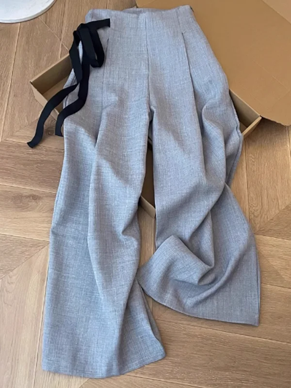 Chic Grey High Waist Pleated Belted Commuter Pants Women's Fashionable Versatile Wide Leg Pants Summer Casual Trousers