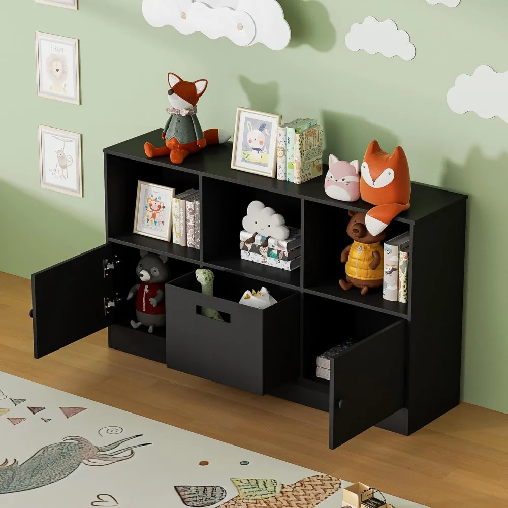 ตู้หนังสือแบบเปิด 2 ชั้น 2 ประตู, ชั้นวางหนังสือไม้ 6 ช่องพร้อมลิ้นชักผ้า, ตู้โชว์แบบตั้งพื้น, สำหรับเด็ก