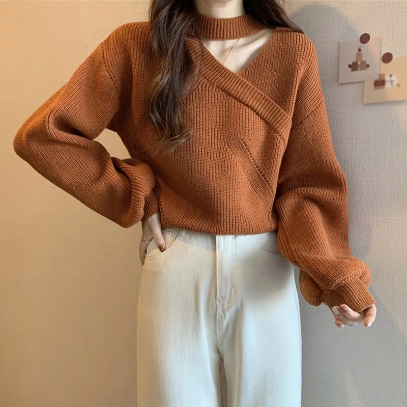 Autumn Sexy Pullovers V-neck Puff Sleeve Knit Cropped Sweaters Long Sleeved Lady Warm Off Shoulder Turtleneck Slim Jumper