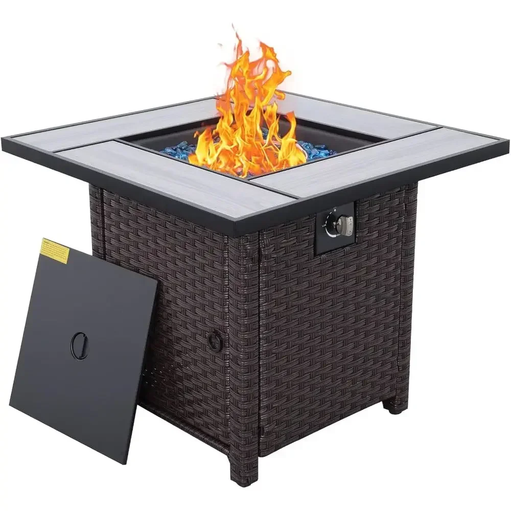 30 Inch Wicker Patio Fire Pit Table with Fire Glass for Outdoor Parties and Backyard Gatherings