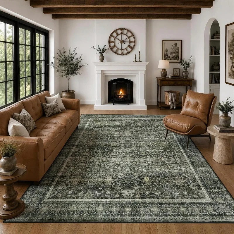 Vintage Persian Dark Green Pattern Large Rug American Mid-century Carpet Non-Slip Machine Washable Floor Mat for Living Room