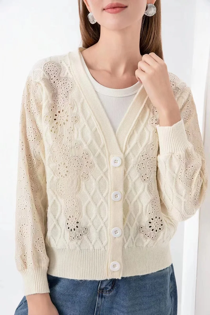 Nuevo 2025 primavera moda cárdigan chaquetas de alta calidad tejido mujeres con cuello en V ahueca hacia fuera bordado manga larga Beige azul abrigos