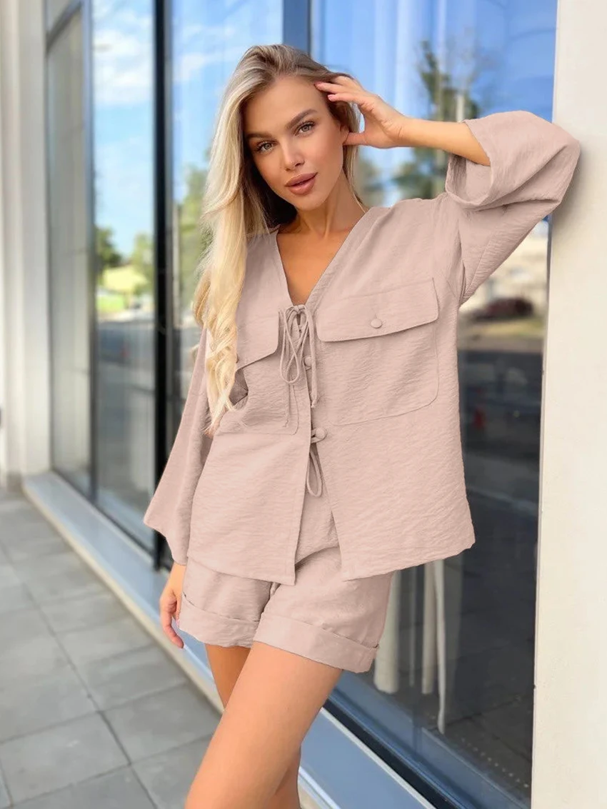 Marthaqiqi Casual Female Sleepwear Suit Long Sleeve Pajamas V-Neck Nightwear Lace Up Nightgowns Shorts Loose Women'S Nightie Set