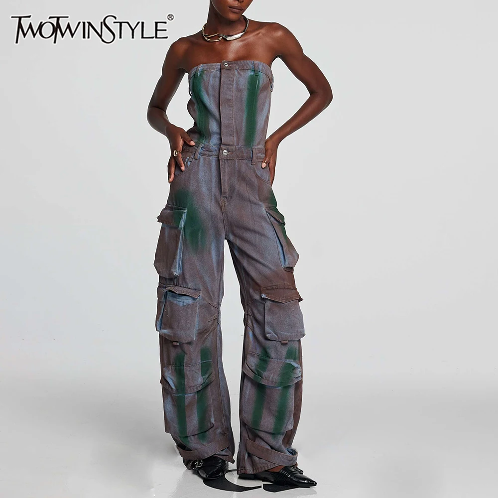 TWOTWINSTYLE Solid Slimming Jumpsuits For Women Strapless Sleeveless High Waist Spliced Pockets Designer Chic Jumpsuit Female