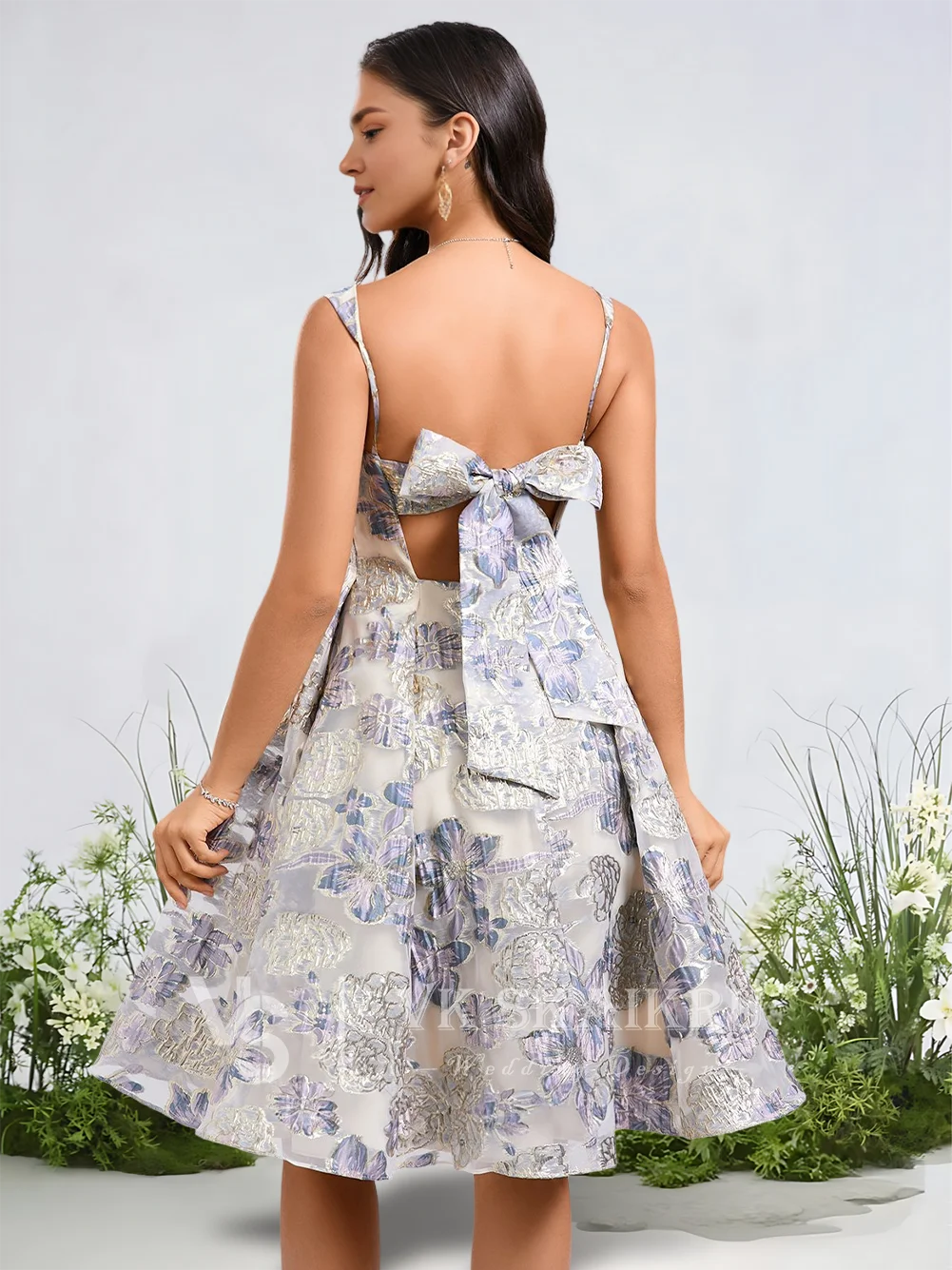 A를 입력하세요 ​ 2025년 우아한 A라인 스퀘어 넥 자카드 무릎 길이 드레스, 블루 플로럴 프린트 홈커밍 드레스, 보우 디테일, 프롬/칵테일 드레스