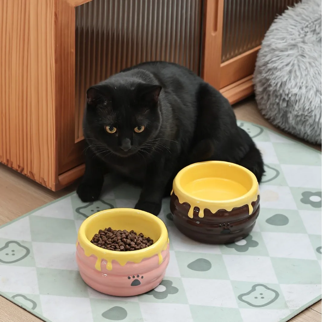 Ceramic cat/dog bowl, pet bowl, high footed honey pot shape, deep mouthed large capacity anti spill ceramic water bowl