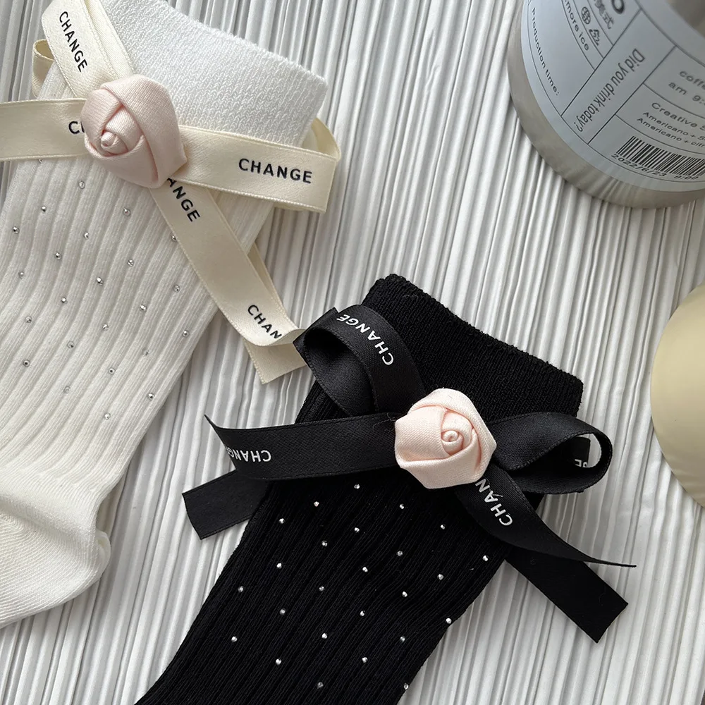 Lolita JK Bow Middle Tube Socks Women 3D Rose Flower Tie Socks Ballet Summer Thin White Sock Y2K Party DRESS Designer Socks