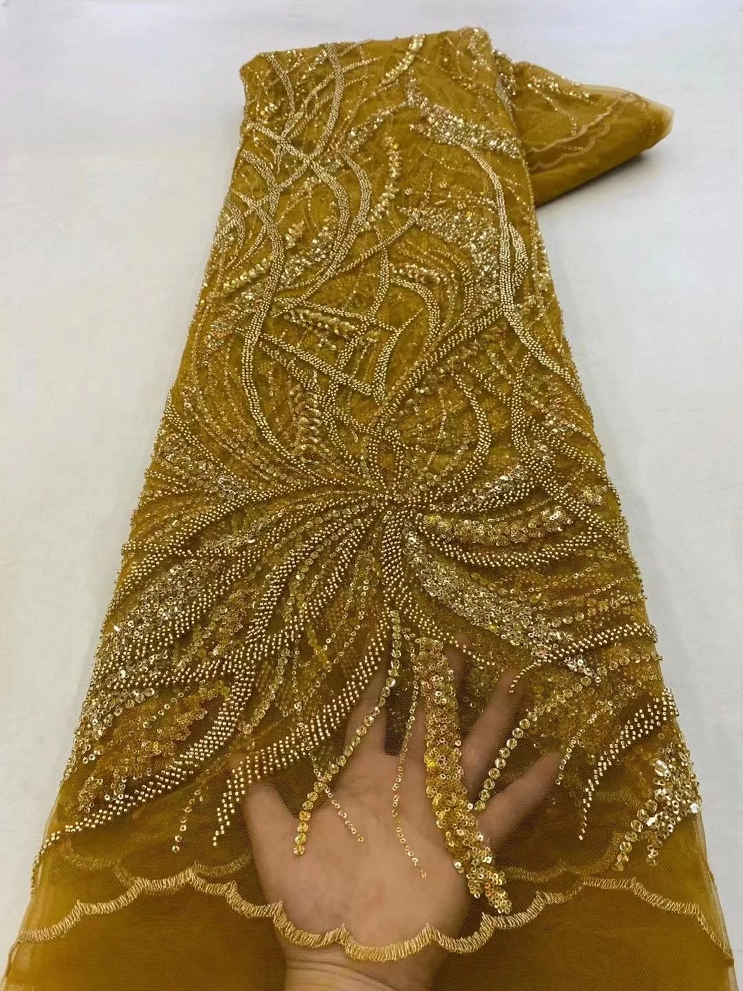 Verde elegante artesanal miçangas bordado francês tule renda tecido para festa nigeriano luxo lantejoulas renda tecido Material QF0619