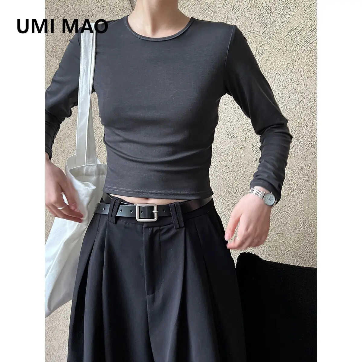 

UMI MAO High Elastic Thread Long Sleeve T-shirt Women Spring Versatile Tight Round Neck Small Short Casual Top