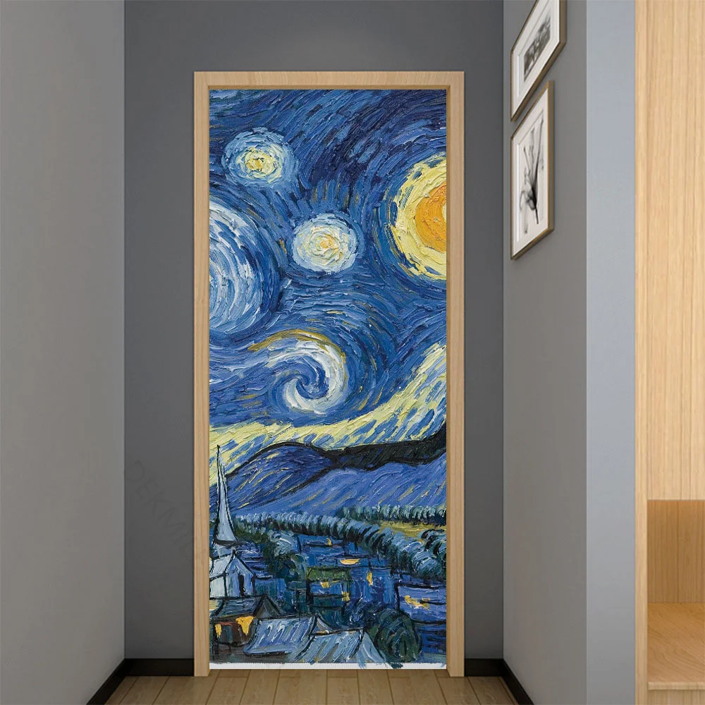 Van Gogh สติ๊กเกอร์แปะประตูภาพวาดสีน้ำมันแนววินเทจ, วอลเปเปอร์มีกาวในตัวสำหรับติดระเบียงห้องนั่งเล่นศิลปะฝาผนังที่คลุมประตูภายใน