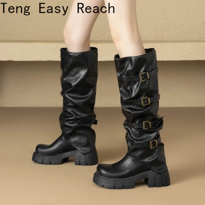 

2026 New Spring and Autumn Brown Folded Women's High Top Boots Round Head Thick Block Heel Size 35-43